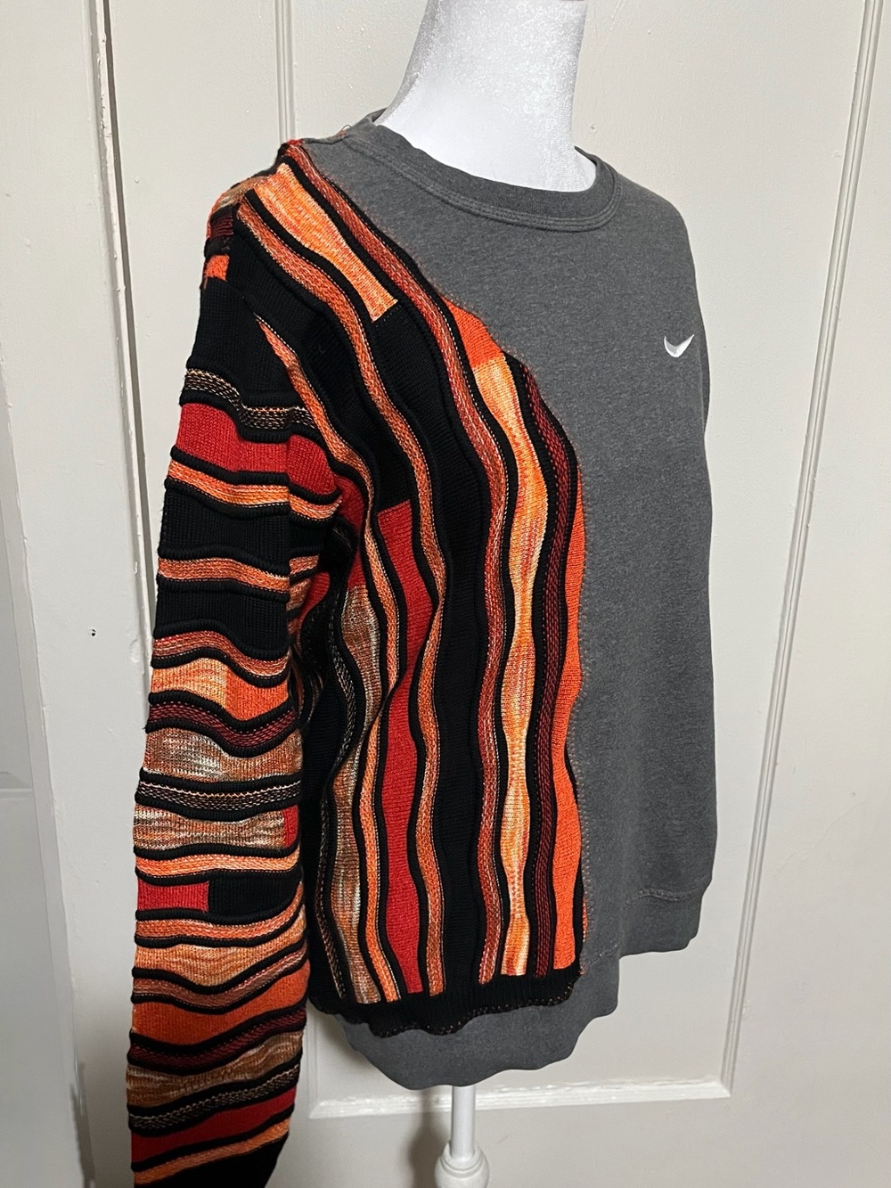 Nike Gray Crewneck Sweatshirt with Orange & Black Striped Knit Sleeve